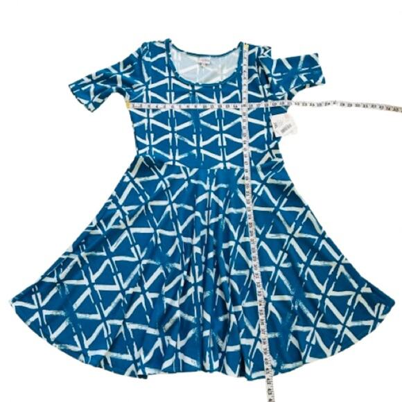 LuLaRoe Dress Nicole Blue White Print Short Sleeve Drop Wasit Midi Plus 3XL NEW - Picture 10 of 12